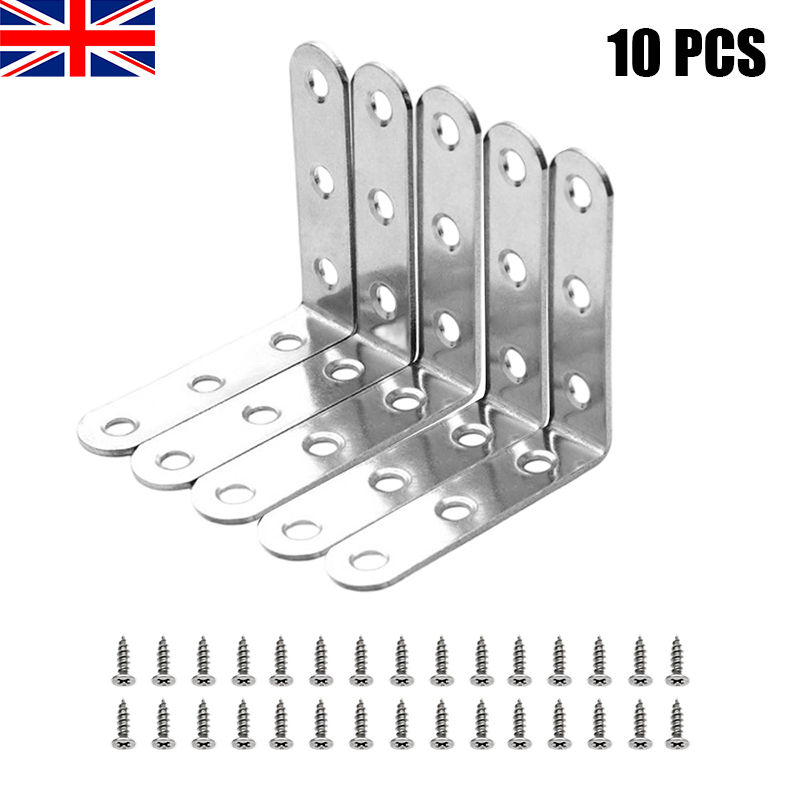 10PCS L Bracket Corner Brace with 60 Screws Stainless Steel 90 Degree Right Angle 6 Holes Joint Fastener for Wood Chair Bookshelf Board
