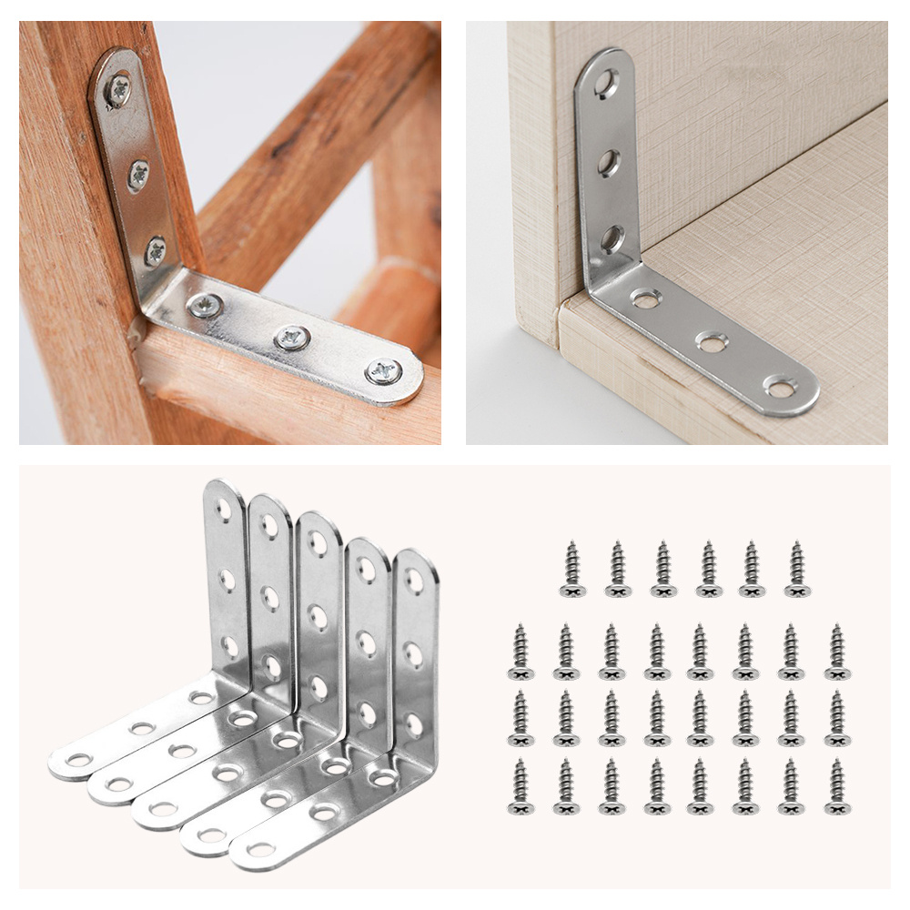 10PCS L Bracket Corner Brace with 60 Screws Stainless Steel 90 Degree Right Angle 6 Holes Joint Fastener for Wood Chair Bookshelf Board