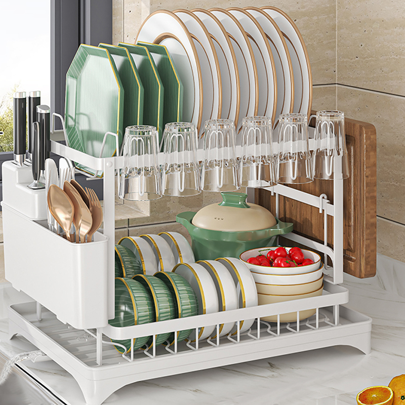 2 Tier Sink Dish Drainer Rack with Drip Tray Plate Rack Cutlery Holder for Kitchen – White