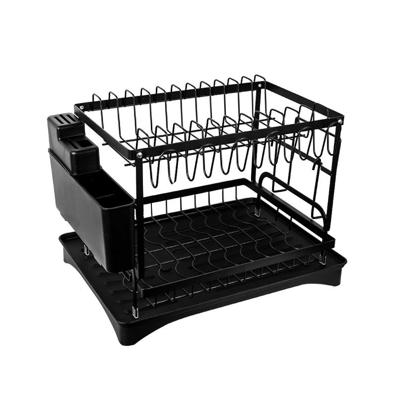 2 Tier Sink Dish Drainer Rack with Drip Tray Plate Rack Cutlery Holder for Kitchen – Black