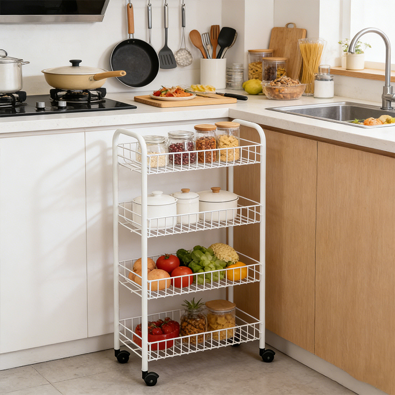 4 Tier Metal Rolling Utility Cart with Casters Storage Shelf Rack with Baskets and Wheels 72cm High - Image 3