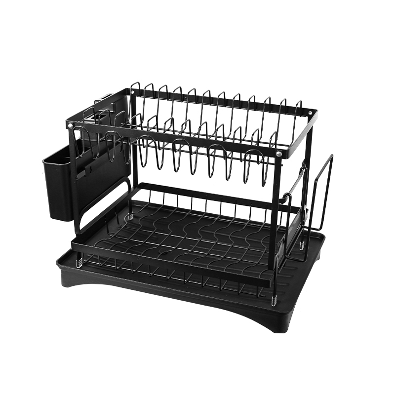 2 Tier Sink Dish Drainer Rack with Drip Tray Plate Rack Cutlery Holder for Kitchen - Black - Image 3