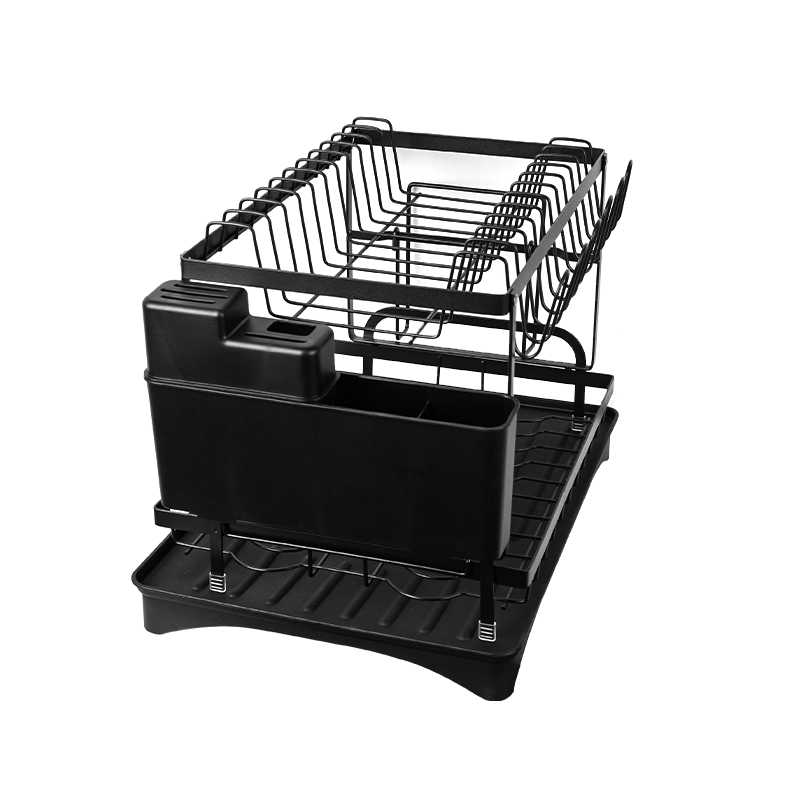 2 Tier Sink Dish Drainer Rack with Drip Tray Plate Rack Cutlery Holder for Kitchen - Black - Image 4