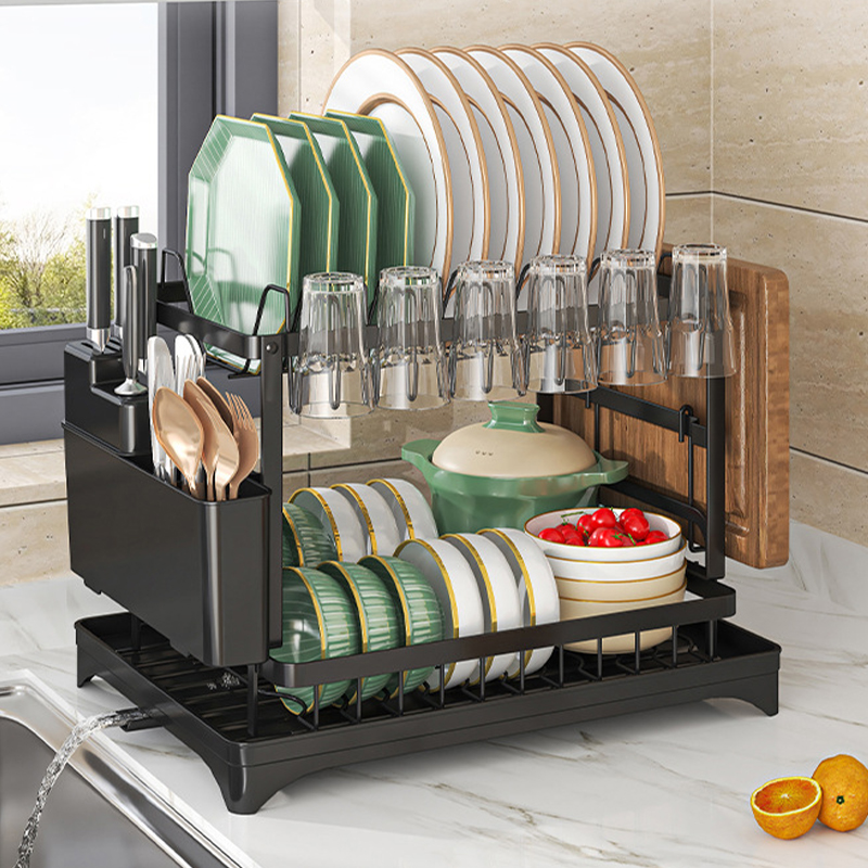 2 Tier Sink Dish Drainer Rack with Drip Tray Plate Rack Cutlery Holder for Kitchen - Black - Image 5