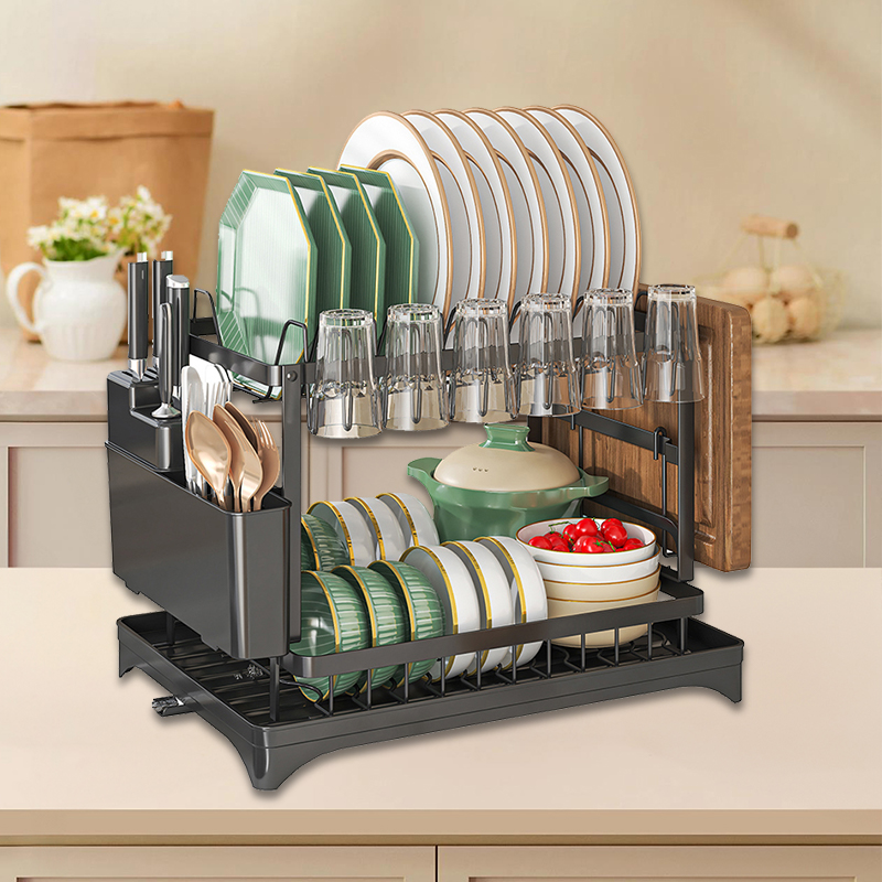 2 Tier Sink Dish Drainer Rack with Drip Tray Plate Rack Cutlery Holder for Kitchen - Black - Image 7