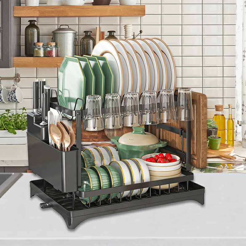2 Tier Sink Dish Drainer Rack with Drip Tray Plate Rack Cutlery Holder for Kitchen - Black - Image 8