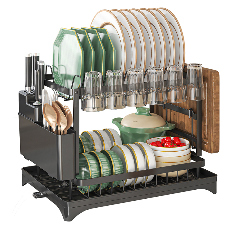 2 Tier Sink Dish Drainer Rack with Drip Tray Plate Rack Cutlery Holder for Kitchen - Black - Image 9