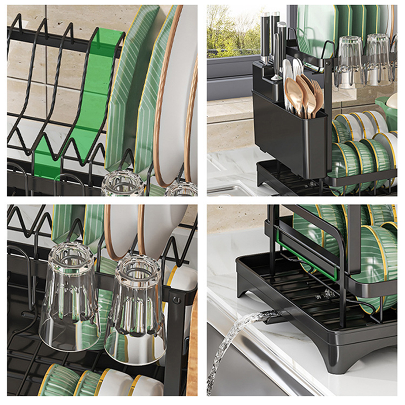 2 Tier Sink Dish Drainer Rack with Drip Tray Plate Rack Cutlery Holder for Kitchen - Black - Image 10
