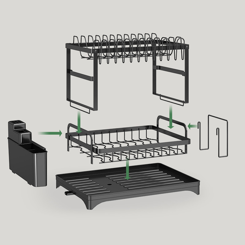 2 Tier Sink Dish Drainer Rack with Drip Tray Plate Rack Cutlery Holder for Kitchen - Black - Image 11