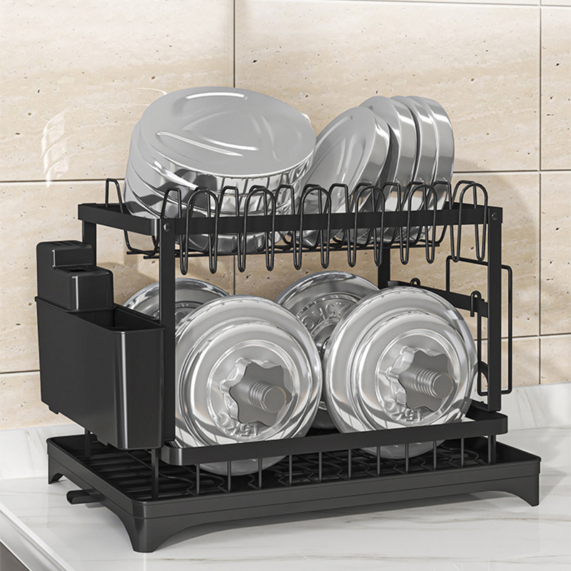 2 Tier Sink Dish Drainer Rack with Drip Tray Plate Rack Cutlery Holder for Kitchen - Black - Image 12