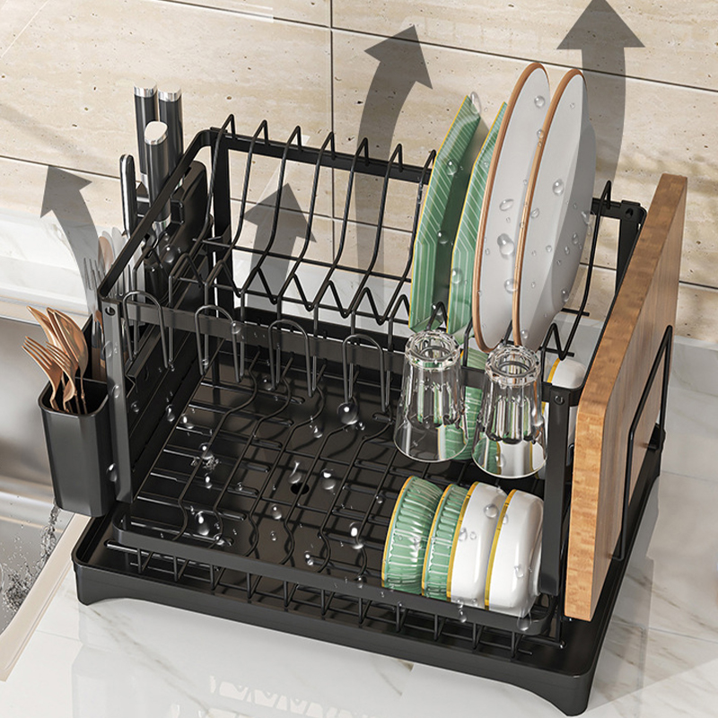 2 Tier Sink Dish Drainer Rack with Drip Tray Plate Rack Cutlery Holder for Kitchen - Black - Image 13