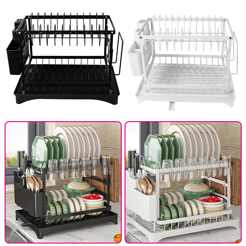 2 Tier Sink Dish Drainer Rack with Drip Tray Plate Rack Cutlery Holder for Kitchen - Black - Image 14