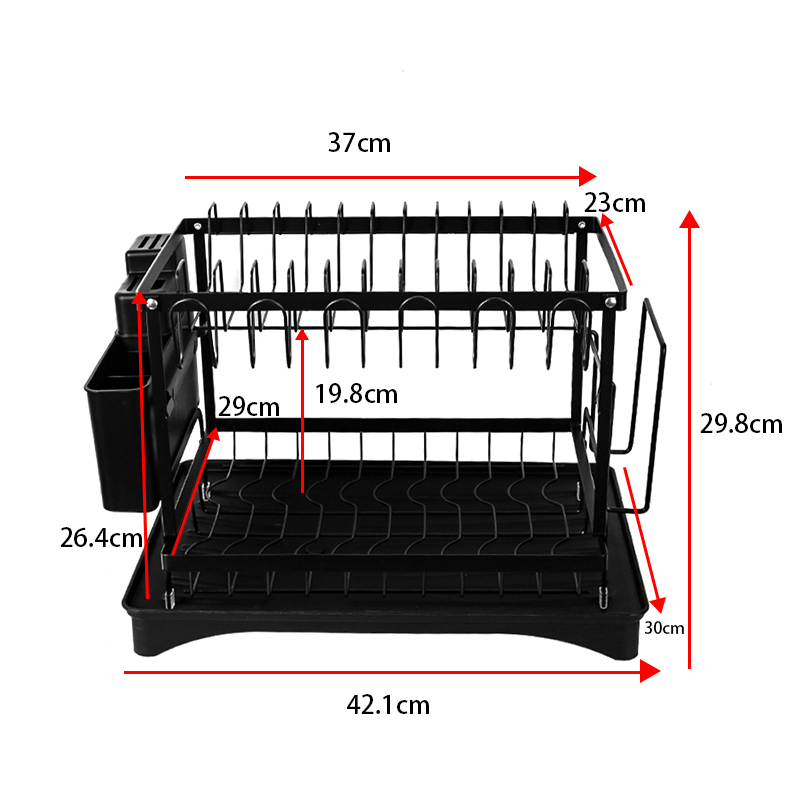 2 Tier Sink Dish Drainer Rack with Drip Tray Plate Rack Cutlery Holder for Kitchen - Black - Image 15