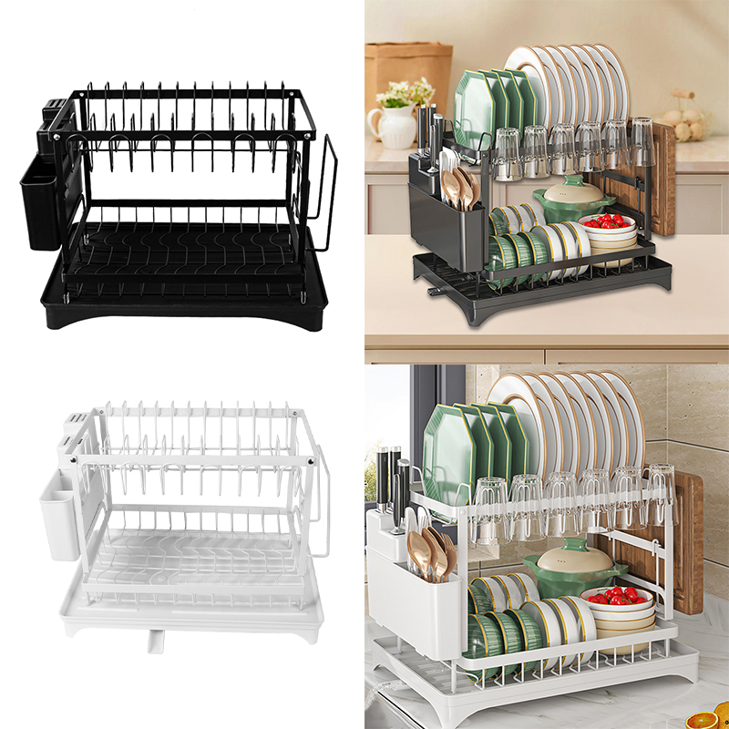 2 Tier Sink Dish Drainer Rack with Drip Tray Plate Rack Cutlery Holder for Kitchen - Black - Image 16